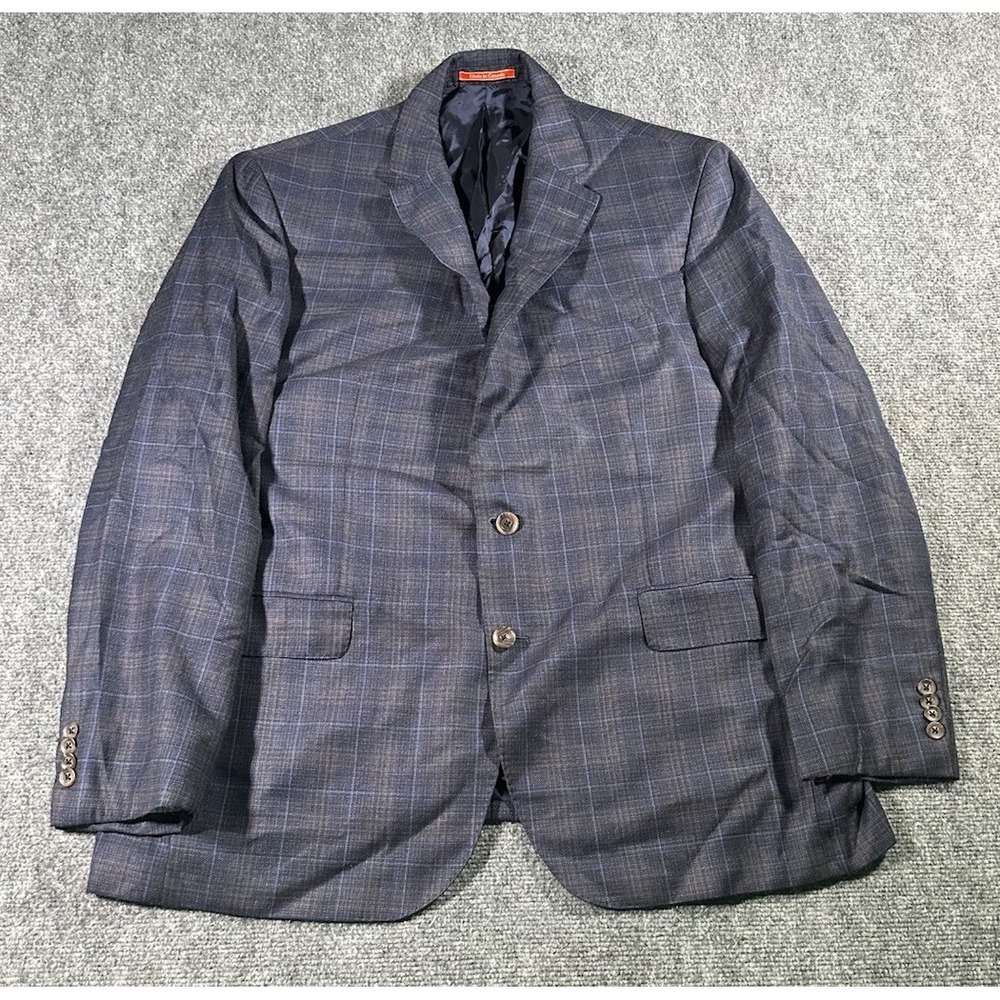 Cremieux Mens 46R Blue Windowpane Plaid Norman 100% Wool Blazer Lined Union Made